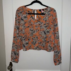 ASTR Orange Floral Long Sleeve Cropped Blouse